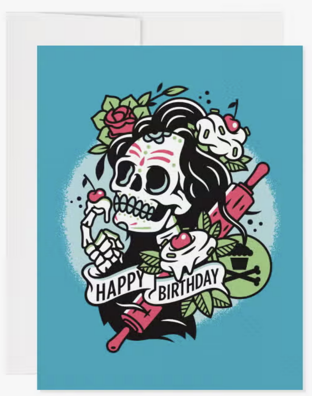 Birthday Skull Greeting Card - Floral Skeleton Tattoo Art