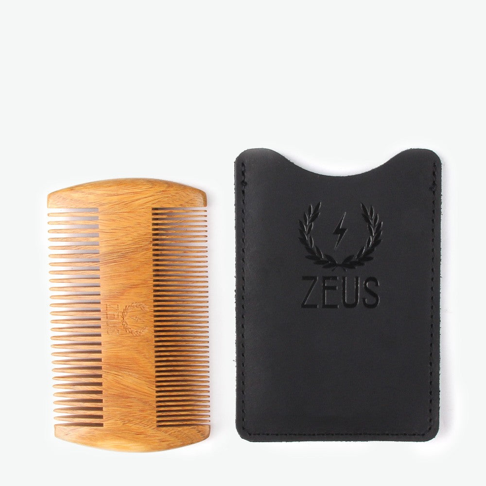 Organic Sandalwood Double-Sided Beard Comb with Leather Sheath