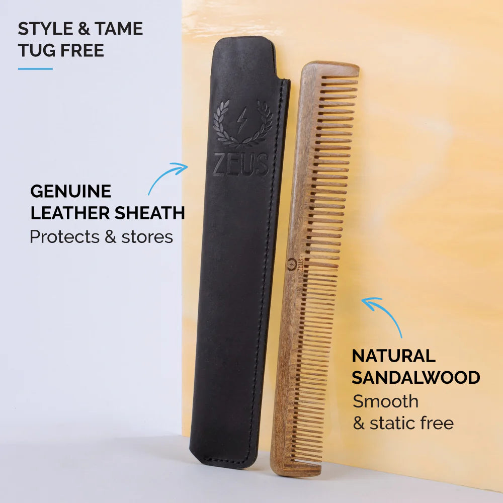 Organic Sandalwood Beard & Mustache Comb w/Leather Sheath