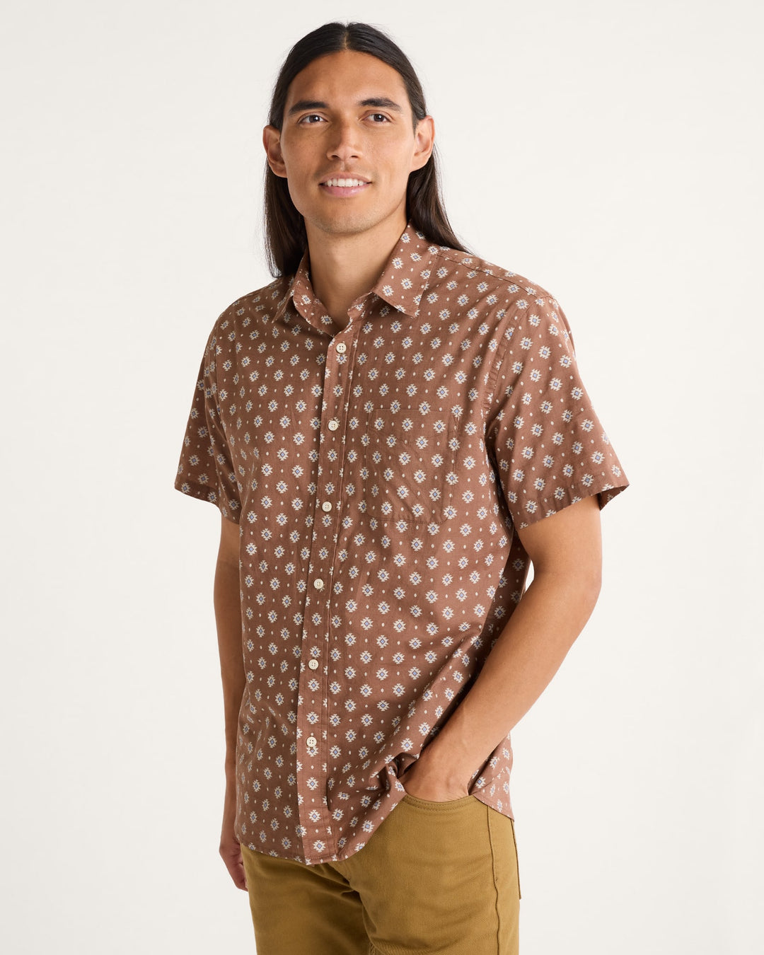 Men's Shoreline Cotton Shirt - Red/Brown Geo