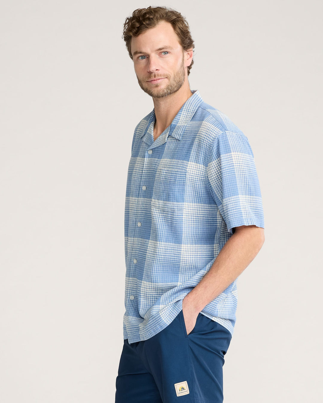 Men's Plaid Camp Shirt Blue/White Ombre