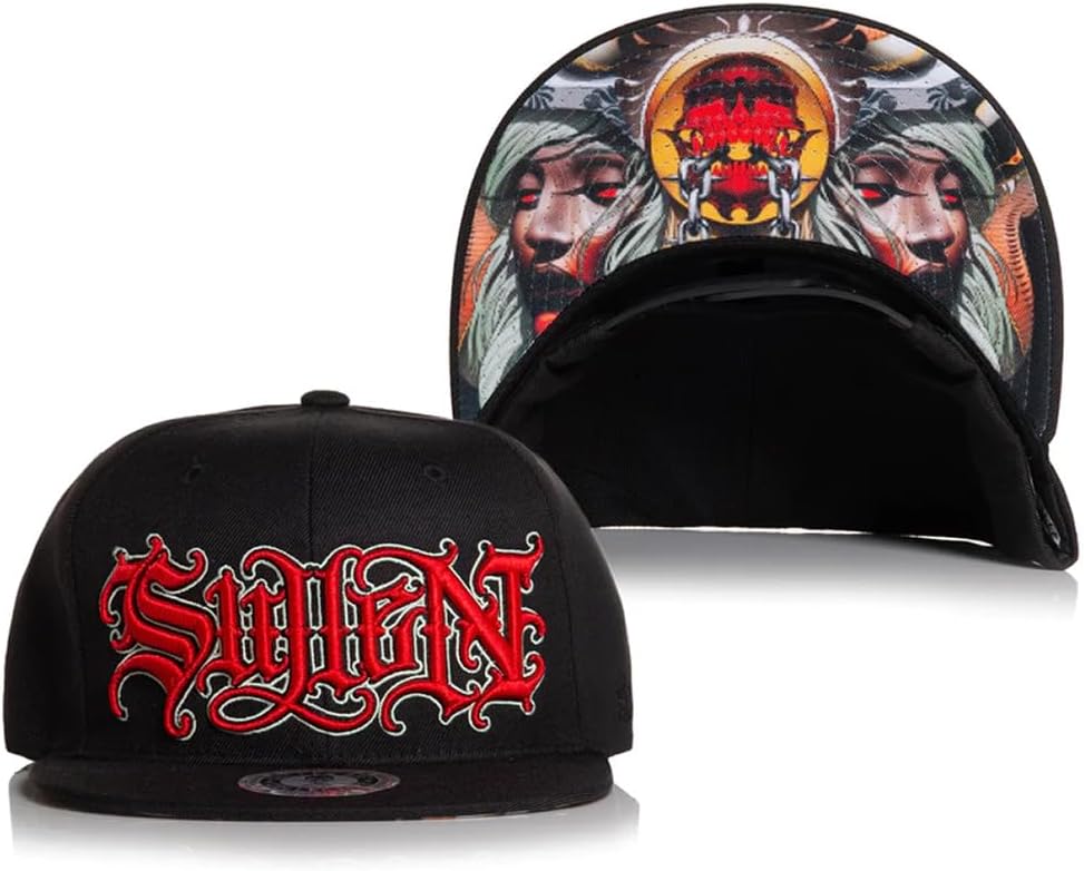 Sullen Fede Gas Snapback Hat in black and red, showing the front logo and printed underbrim artwork