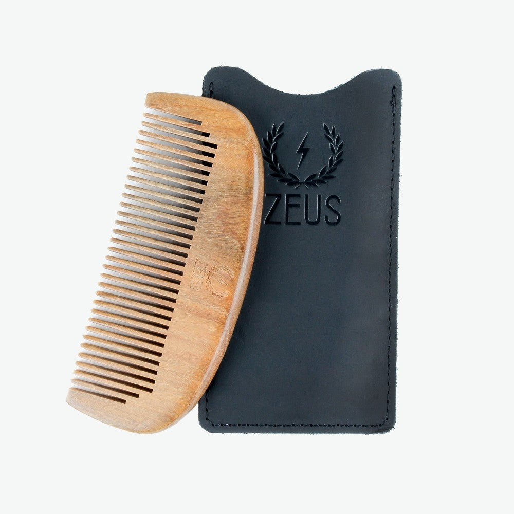 Organic Sandalwood Beard Comb with Leather Sheath
